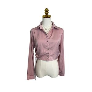 Self Esteem Mauve Pink Satin Cropped Blouse Cinched Side Long Sleeve Top Small